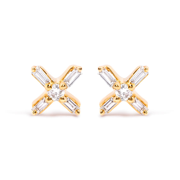 10K Yellow Gold 1/10 Cttw Round and Baguette Diamond Criss Cross X Stud Earring (H-I Color, I1-I2 Clarity)