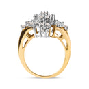 10K Yellow Gold 1 Cttw Round and Baguette cut Diamond Cluster and Rhombus Halo Ring (H-I Color, I1-I2 Clarity) - Ring Size 7-4