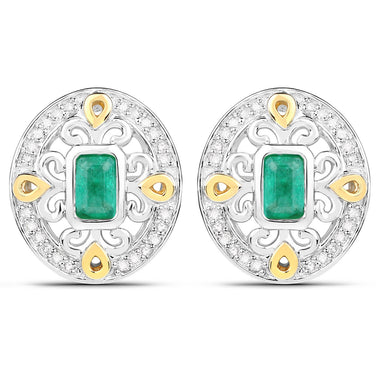 0.69 Carat Genuine Zambian Emerald and White Diamond .925 Sterling Silver Earrings - 0