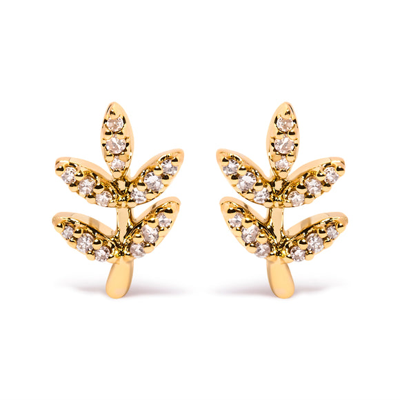 10K Yellow Gold 1/10 Cttw Diamond Accented Leaf and Branch Stud Earrings (H-I Color, I1-I2 Clarity)