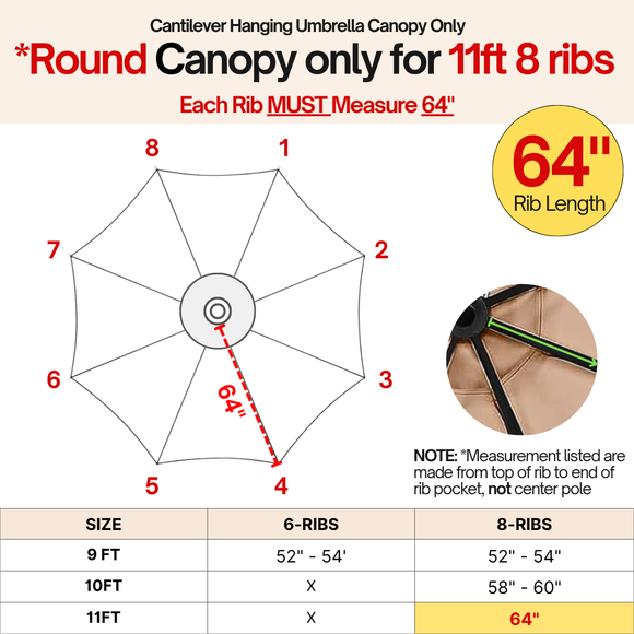 11ft Cantilever Hanging Umbrella 8 Rib Replacement Canopy Tuscan Orange