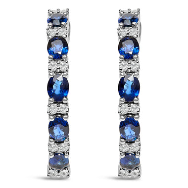 14K White Gold 4x3mm Oval Blue Sapphire and 1/4 Cttw Diamond Alternating Hoop Earring (I-J Color, SI2-I1 Clarity) - 0