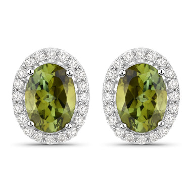 1.92 Carat Genuine Green Tourmaline and White Diamond 14K White Gold Earrings