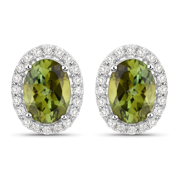 1.92 Carat Genuine Green Tourmaline and White Diamond 14K White Gold Earrings