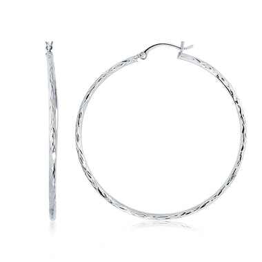 14k White Gold Diamond Cut Hoop Earrings (1 3/4 inch Diameter) - 0