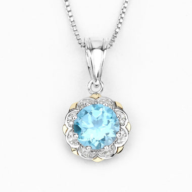 2.32 Carat Genuine Swiss Blue Topaz and White Diamond 14K Yellow Gold with .925 Sterling Silver Pendant - 0