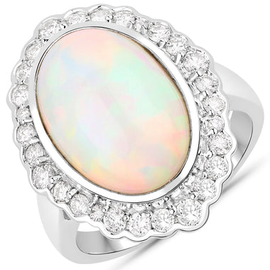 6.38 Carat Genuine Ethiopian Opal and White Diamond 14K White Gold Ring
