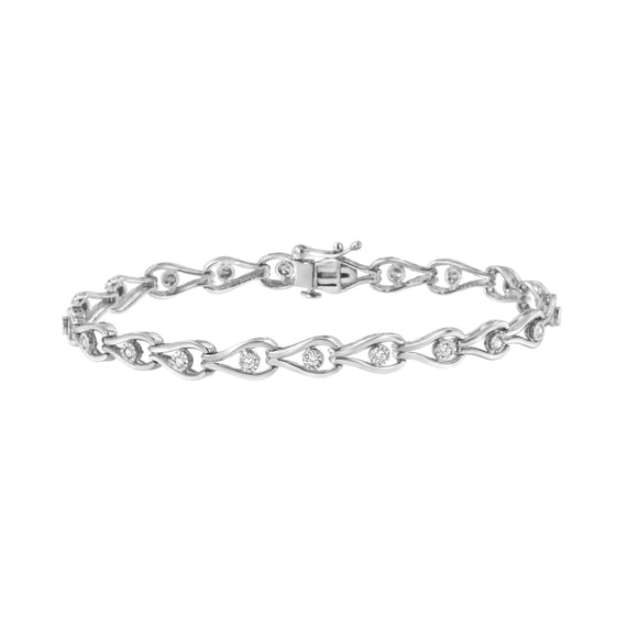.925 Sterling Silver 1/10 Cttw Miracle-Set Diamond Pear Shape and Bezel Link Bracelet (I-J Color, I3 Clarity) - 7.25"