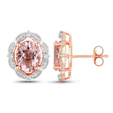 3.52 Carat Genuine Morganite and White Diamond 14K Rose Gold Earrings - 0