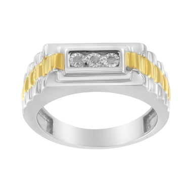 10K Yellow Gold Plated .925 Sterling Silver Diamond Accent Miracle-Set 3 Stone Ridged Band Gentlemen's Fashion Ring (I-J Color, I2-I3 Clarity) - Size 10 - 0