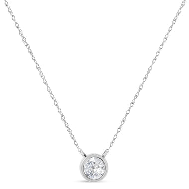 AGS Certified 10K White Gold 1/5 Cttw Bezel Set Round Diamond Solitaire 16-18" Adjustable Pendant Necklace (H-I Color, SI1-SI2 Clarity) - 0