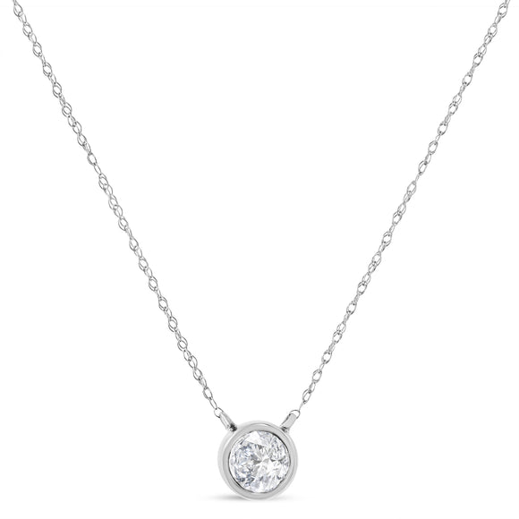 AGS Certified 10K White Gold 1/3 Cttw Bezel Set Round Diamond Solitaire 16-18" Adjustable Pendant Necklace (I-J Color, SI1-SI2 Clarity)