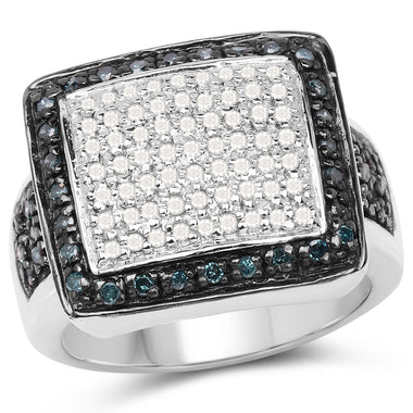 0.64 Carat Genuine White Diamond and Blue Diamond .925 Sterling Silver Ring