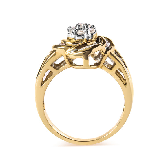 10K Yellow Gold 1/2 Cttw Round and Baguette Diamond Flower Swirl Cocktail Ring (I-J Color, SI2-I1 Clarity) - Ring Size 7
