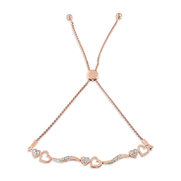 14K Rose Gold Plated .925 Sterling Silver 1/10 Cttw Diamond Wave and Hearts 4â€-10â€ Adjustable Bolo Bracelet (I-J Color, I3 Clarity)