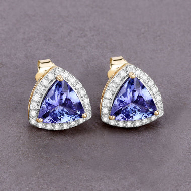 3.82 Carat Genuine Tanzanite and White Diamond 14K Yellow Gold Earrings - 0