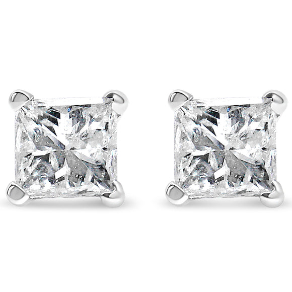 AGS Certified 2/5 Cttw Princess Cut Diamond 14K White Gold 4-Prong Solitaire Square Stud Earrings (L-M Color, I1-I2 Clarity)