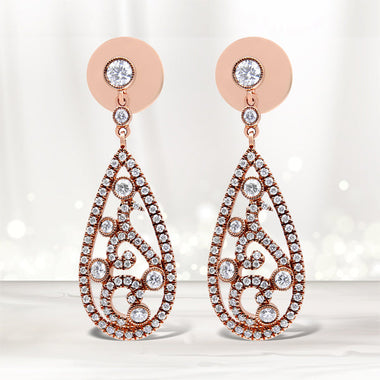 18K Rose Gold 1 1/4 Cttw Diamond Teardrop Shaped Drop and Dangle Screw Back Stud Earring (F-G Color, VS1-VS2 Clarity)