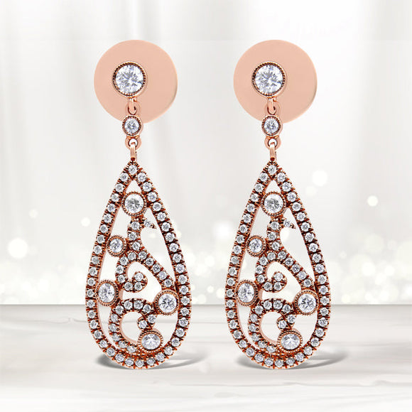 18K Rose Gold 1 1/4 Cttw Diamond Teardrop Shaped Drop and Dangle Screw Back Stud Earring (F-G Color, VS1-VS2 Clarity)