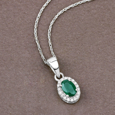 0.81 Carat Genuine Zambian Emerald and White Diamond 14K White Gold Pendant - 0