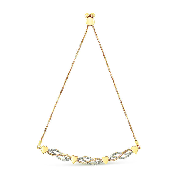 14K Yellow Gold Plated .925 Sterling Silver 1/10 Cttw Diamond Wave and Hearts Bolo Bracelet (I-J Color, I2-I3 Clarity) - 4"-10" Adjustable