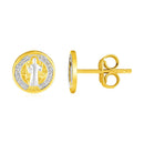 14k Two Tone Gold Round Religious Medal Post Earrings-1