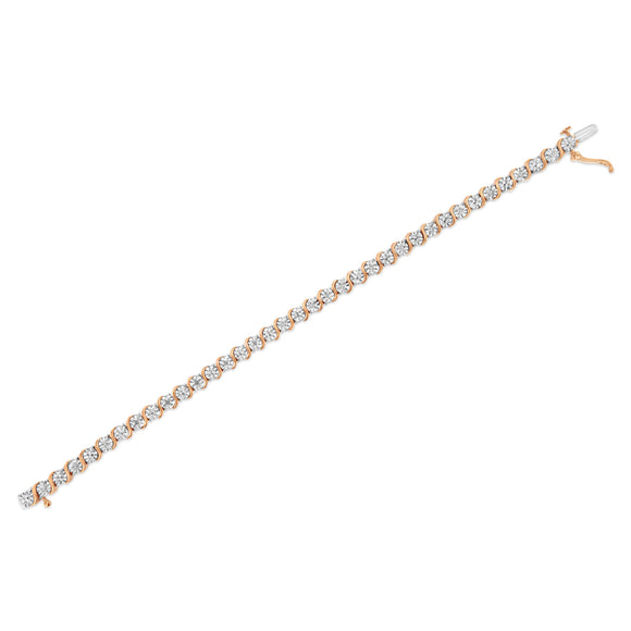 14K Rose Gold Plated .925 Sterling Silver 1/10 Cttw Diamond Round Miracle Plate and "S" Link Tennis Bracelet (I-J Color, I2- I3 Clarity) - 7"