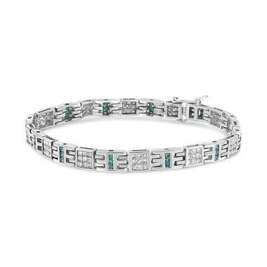 14K White Gold Princess-Cut white and Blue Diamond 3.00 cttw Fashion Link Bracelet (H-I Color, SI1-SI2 Clarity)