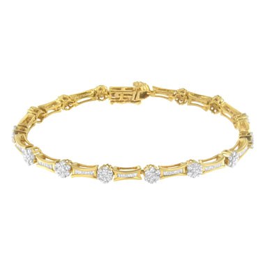 10K Yellow and White Gold 2.00 cttw Round and Baguette-Cut Diamond Link Bracelet (I-J Color, I2-I3 Clarity) - Size 7.25" - 0