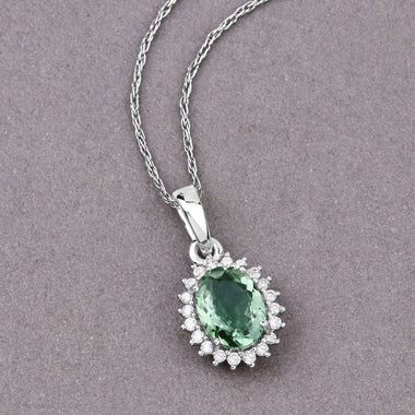 1.39 Carat Genuine Green Tourmaline and White Diamond 14K White Gold Pendant - 0