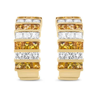 18K Yellow Gold 1 3/4 Cttw Invisible Set Princess Cut Diamond and 2.5mm Yellow Sapphire Huggie Hoop Earrings (F-G Color, VS1-VS2 Clarity) - 0
