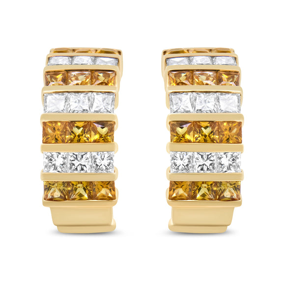 18K Yellow Gold 1 3/4 Cttw Invisible Set Princess Cut Diamond and 2.5mm Yellow Sapphire Huggie Hoop Earrings (F-G Color, VS1-VS2 Clarity)