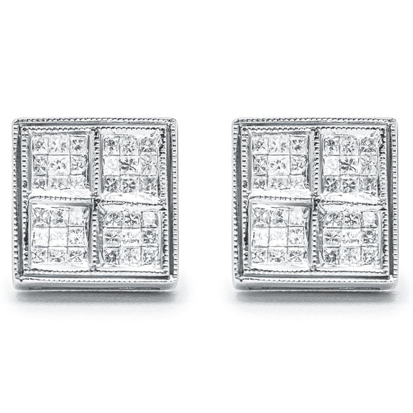 14K White Gold 1/2 Cttw Princess Diamond Composite Box Shape Milgrain Stud Earrings (H-I Color, SI1-SI2 Clarity)