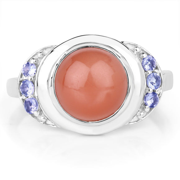 3.01 Carat Genuine Peach Moonstone and Tanzanite .925 Sterling Silver Ring