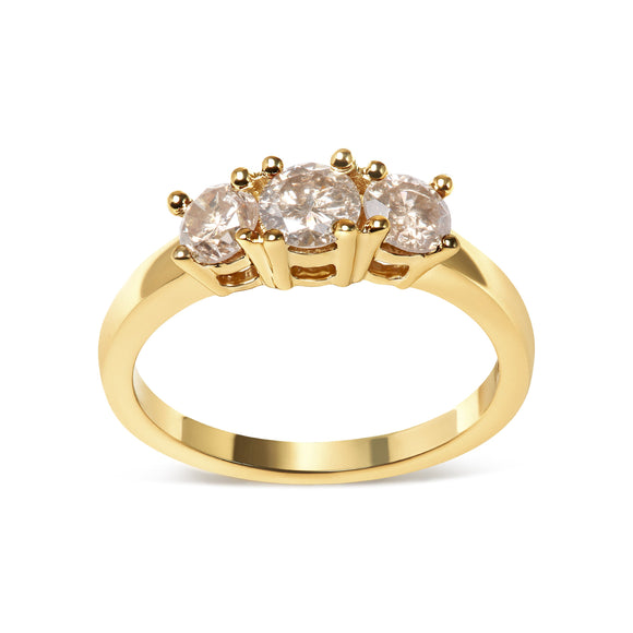 10K Yellow Gold 1.00 Cttw Champagne Diamond 3-Stone Band Ring (J-K Color, I1-I2 Clarity)  - Size 7