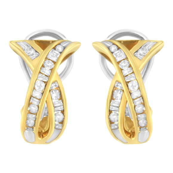 14K Yellow and White Gold 1/2 TDW "X" Shape Cross Over Diamond Hoop Earrings (I-J, I2-I3)