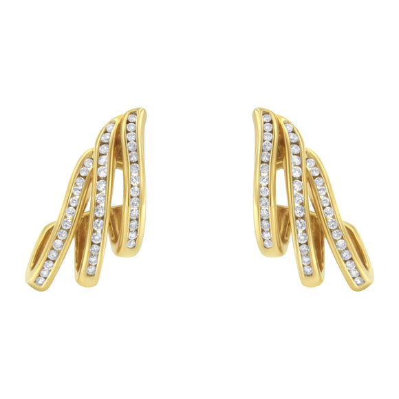 10K Yellow Gold 1.0 Cttw Round Brilliant Cut Diamond Spiral Multi Row Channel Set Open Hoop Pushback Stud Earrings (H-I Color, I1-I2 Clarity)