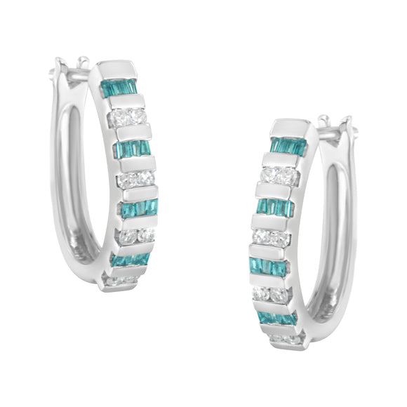 10k White Gold Round and Blue Baguette 1/2 cttw Diamond Hoop Earrings (I-J Color, I2-I3 Clarity)