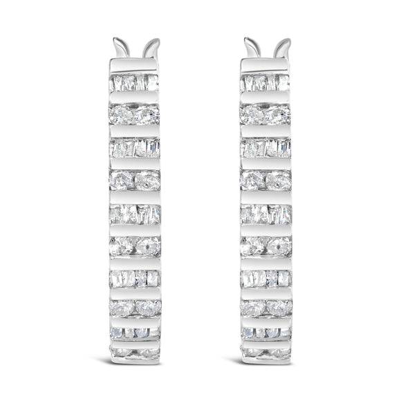 10K White Gold 1.0 Cttw Alternating  Diamond "U" Hoop Earrings (I-J Color, I2-I3 Clarity)