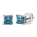 14K White Gold 1.0 Cttw Princess Cut Lab Grown Blue Diamond Solitaire Stud Earrings-2