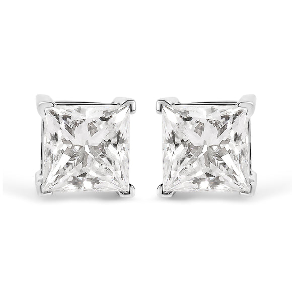 14K White Gold 1 1/2 Cttw Clarity Enhanced Princess Cut Diamond Solitaire Stud Earrings (I-J Color, I1-I2 Clarity)