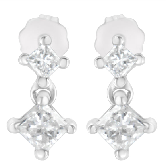 14K White Gold 3/4 cttw Double Diamond Princess-Cut Stud Earrings (I-J Clarity, I2-I3 Color)