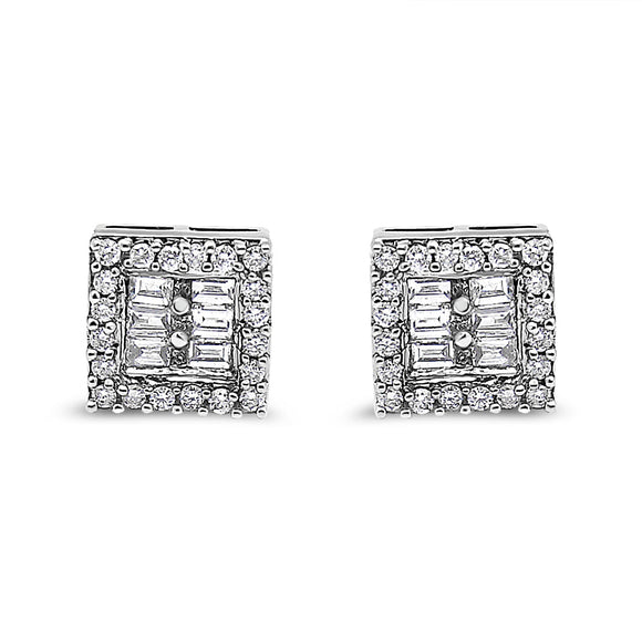 14K White Gold 1 cttw Round and Baguette Diamond Stud Earrings (H-I, SI1-SI2)