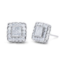 14K White Gold 1.0 Cttw Round Brilliant & Princess Cut Diamond Scallop-Edge Framed Square Halo Stud Earrings (G-H Color, SI1-SI2 Clarity)-4