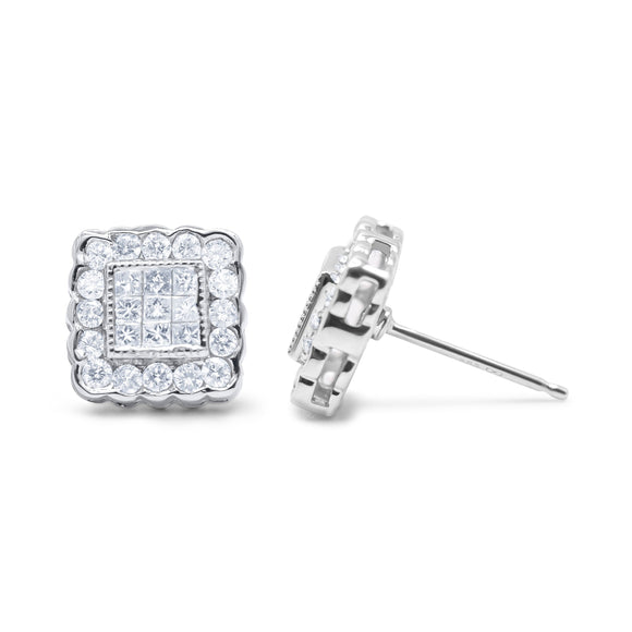 14K White Gold 1.0 Cttw Round Brilliant & Princess Cut Diamond Scallop-Edge Framed Square Halo Stud Earrings (G-H Color, SI1-SI2 Clarity)