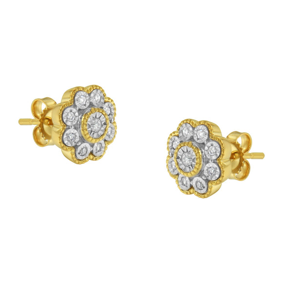 14K Yellow Gold Plated .925 Sterling Silver 1/6 Cttw Miracle-Plate Set Diamond Floral Stud Earrings (I-J Color, I2-I3 Clarity)