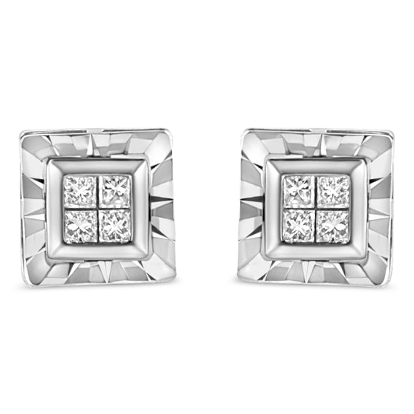 .925 Sterling Silver 1/6 Cttw Invisible Set Princess-Cut Diamond Quad Composite Stud Earrings (H-I Color, I1-I2 Clarity)