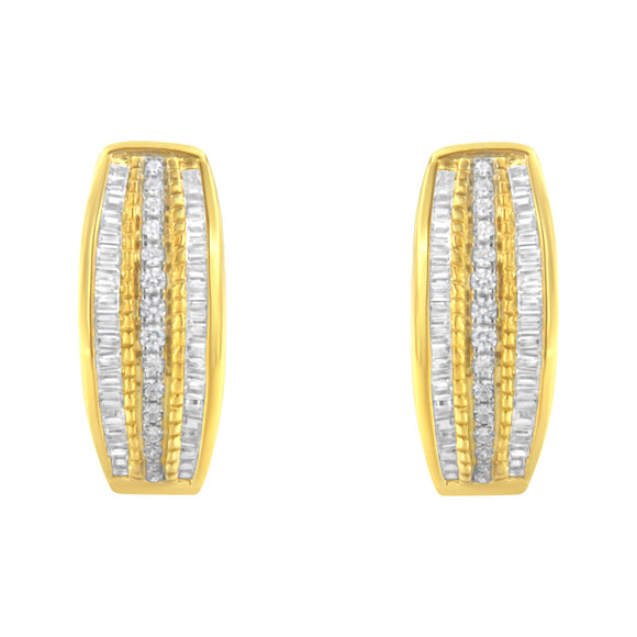 10K Yellow Gold 3/4 Cttw Pave and Channel Set Diamond Triple Row Modern Hoop Earrings (I-J Color, I2-I3 Clarity)