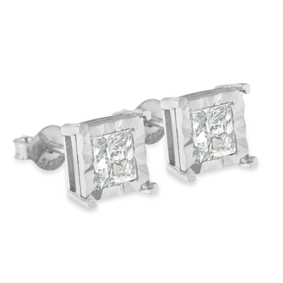 .925 Sterling Silver 1.0 Cttw Miracle Set Princess-cut Diamond Solitaire Stud Earrings (H-I Color, I2-I3 Clarity)