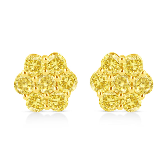 .925 Sterling Silver 1/4 Cttw Treated Yellow Diamond Floral Stud Earrings (Yellow Color, I1-I2 Clarity)
